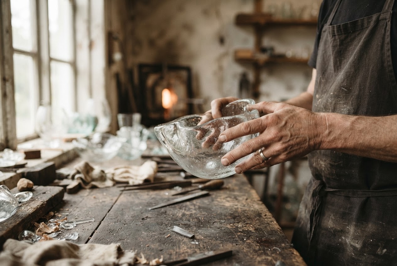 Handen van een glasblazer aan het werk in de werkplaats